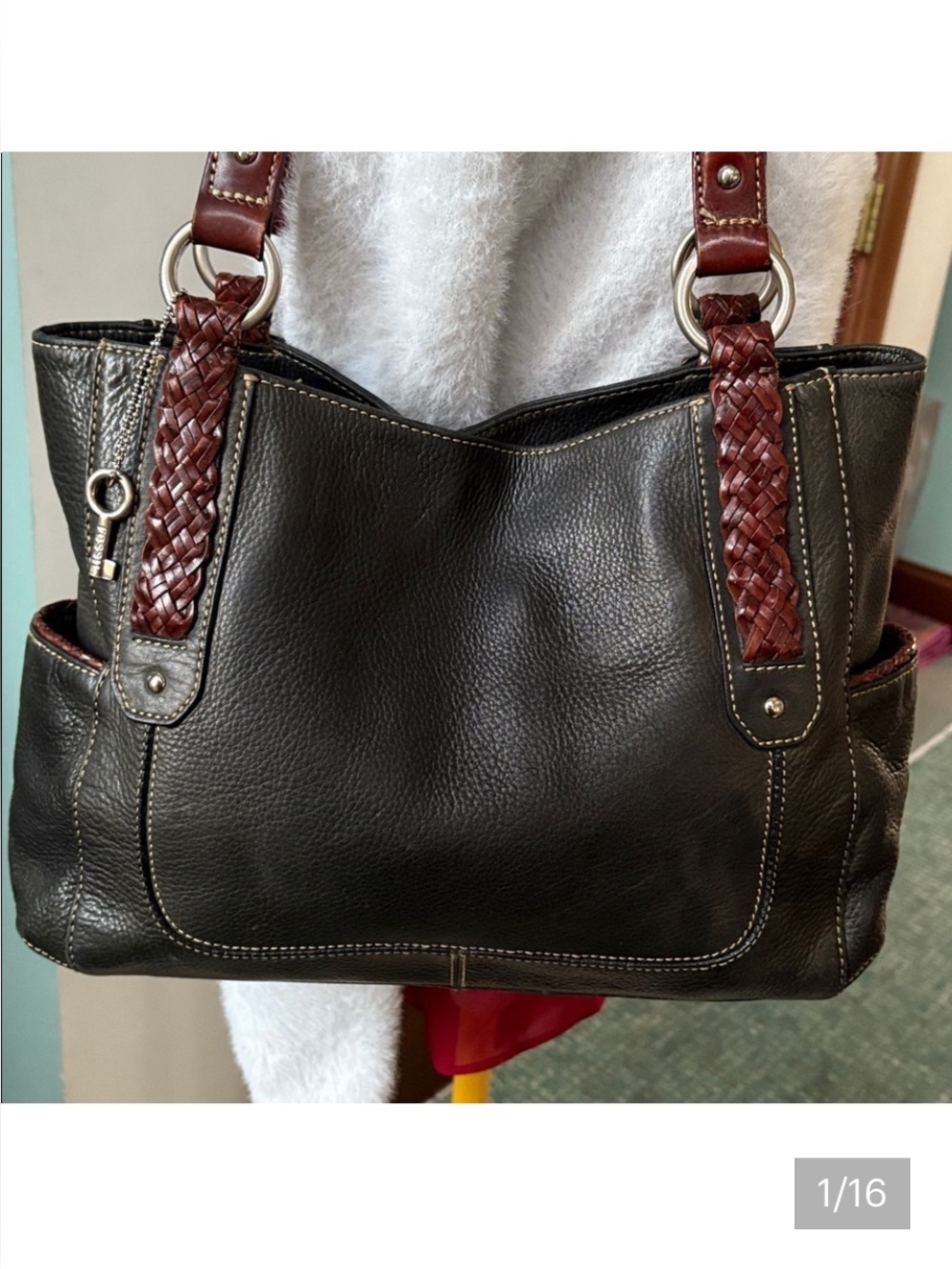 Fossil  shoulder bag Tote braided handles pebbled leather   black/brown trim
EUC